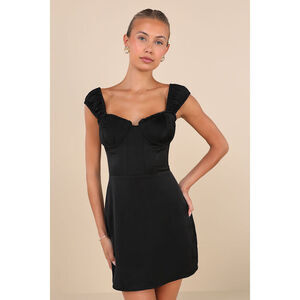 Lulus Perfected Aesthetic Black Satin Ruffled Bustier Mini Dress - Size L